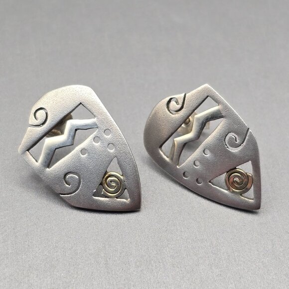 VTG Sterling Silver Abstract Post Earrings 1" Gold Accent Swirl 4.72g - Picture 2 of 7